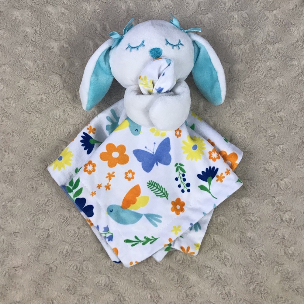 Baby Essentials Bunny Rabbit Lovey Security Blanket Blue White Bird Flower
